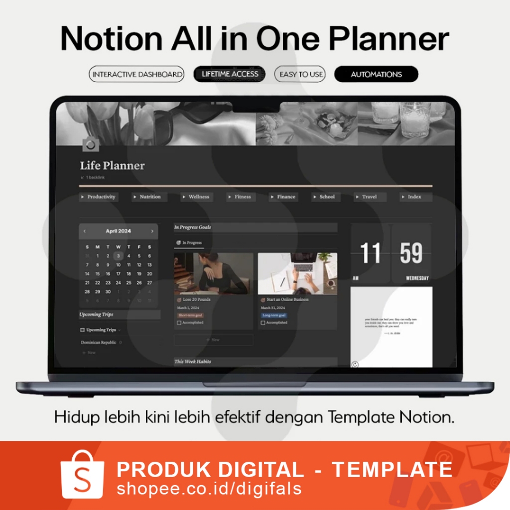 Notion Template All in One Dark Mode Life Planner Dashboard - ADHD Digital Planner - Adult ADHD Noti