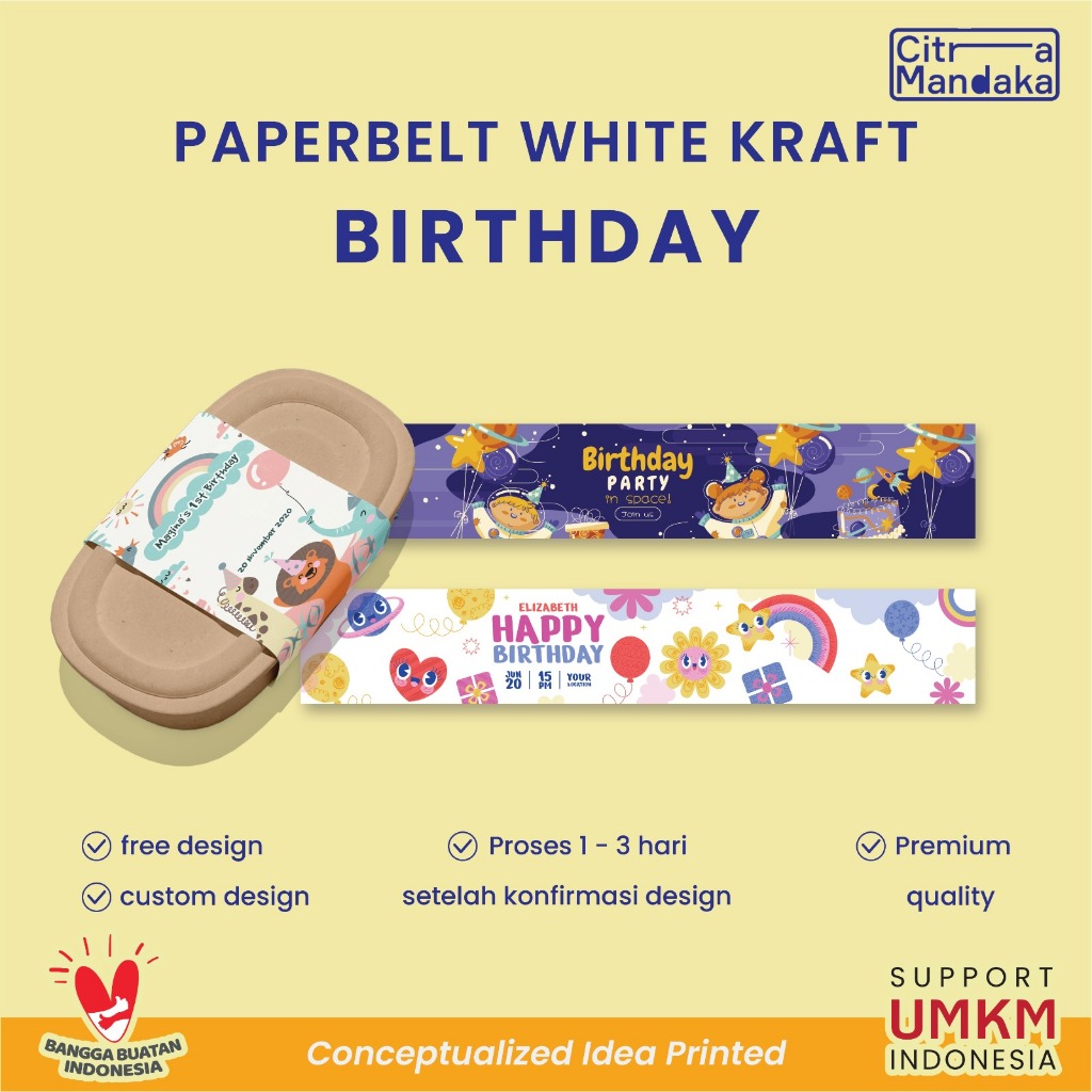 

Paper belt Birthday Bento Box Ulang Tahun Premium White Kraft | Label Bento Ulang Tahun Anak | Bento Roller Label Pengikat Makanan