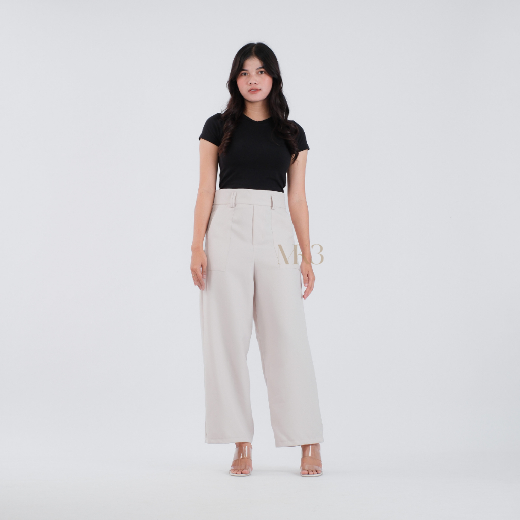 MNK3 - Celana Diora Highwaist Kulot Wanita Bahan Anti Kusut Model Straight Warna Ivory