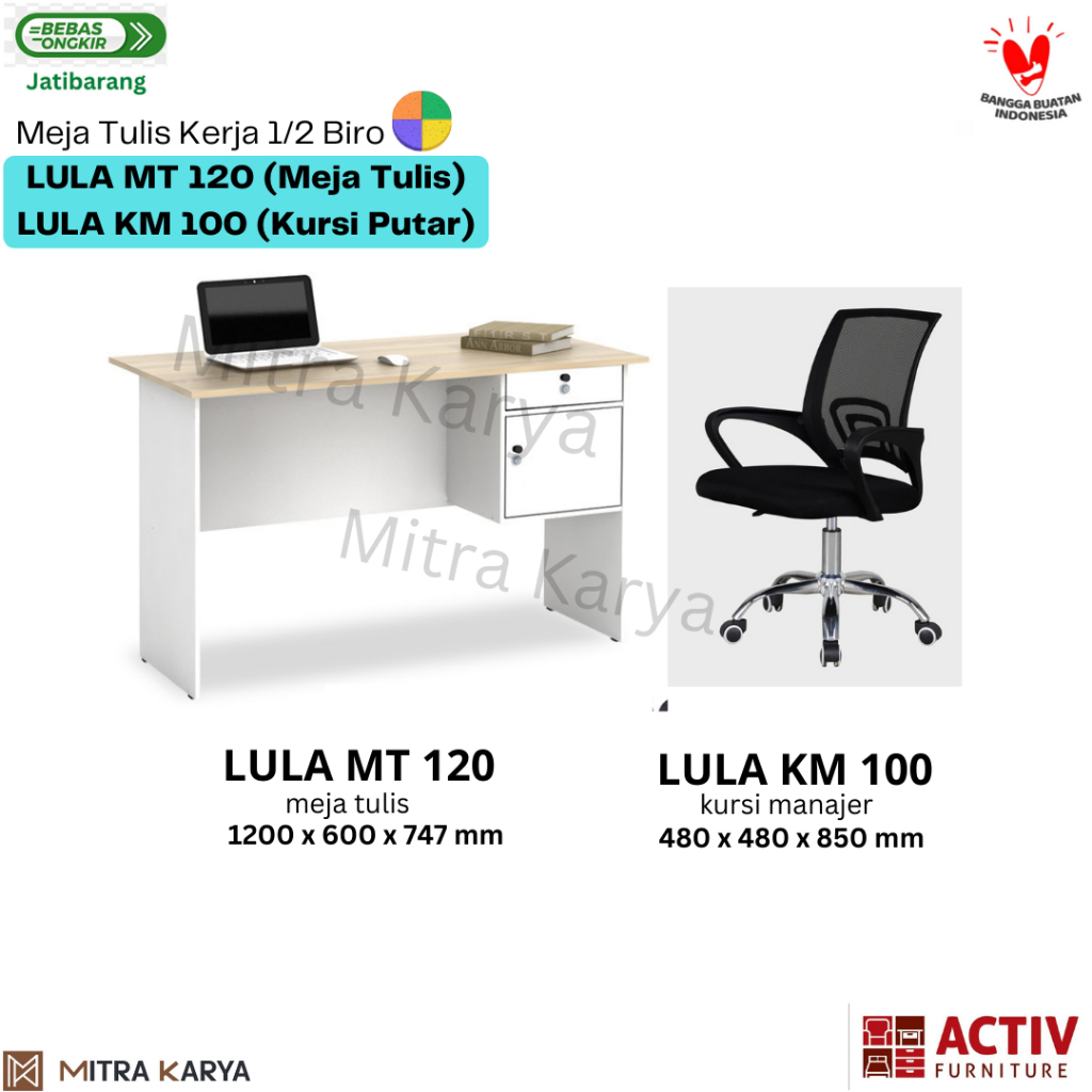 Meja Kerja Kantor Meja Tulis 1/2 Biro Meja Komputer Lula MT 120 Set Kursi Putar Jaring Manager