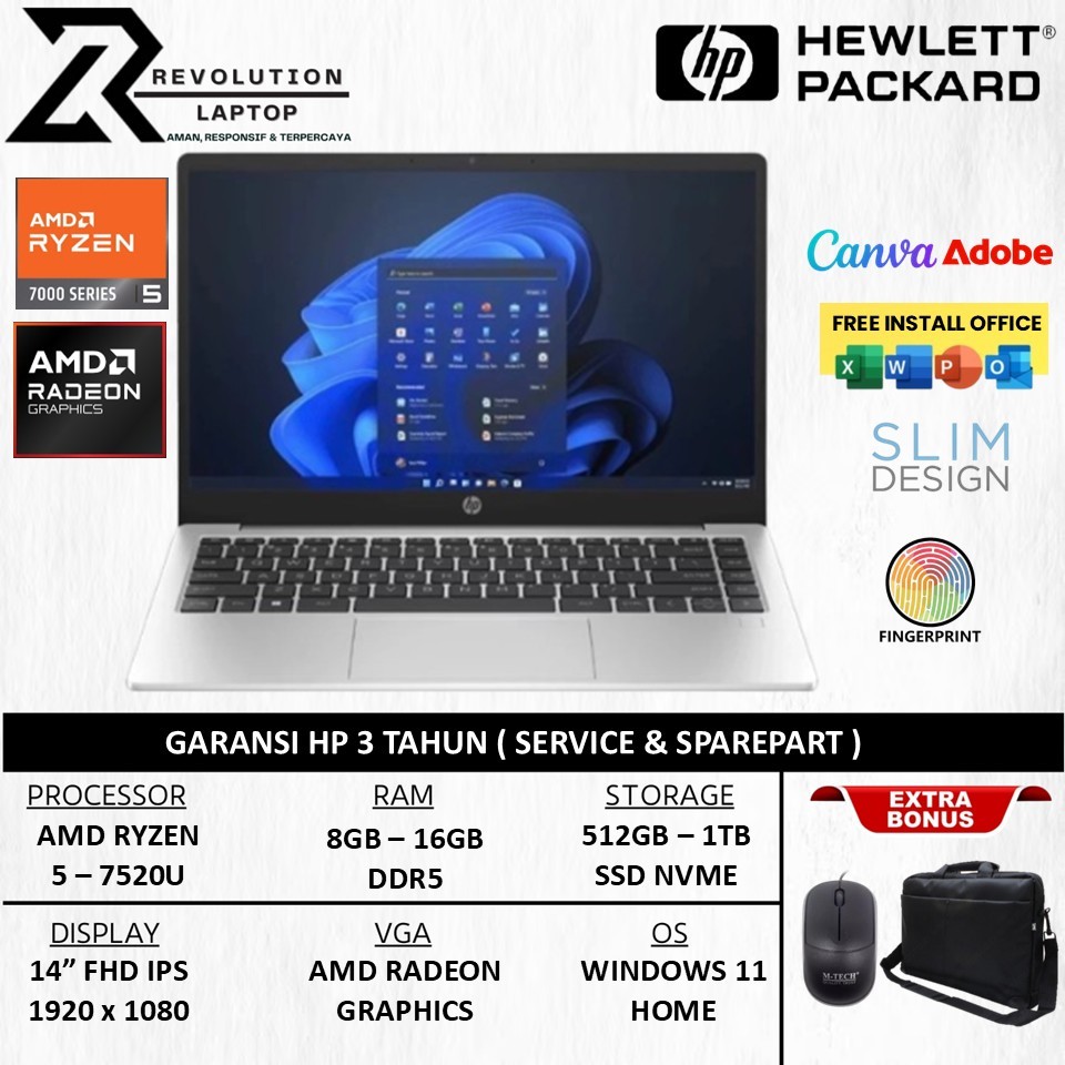 HP 245 G10 Ryzen 5 7520U Radeon 16GB RAM 512GB SSD Windows 11 Garansi 3 Tahun Laptop Gaming