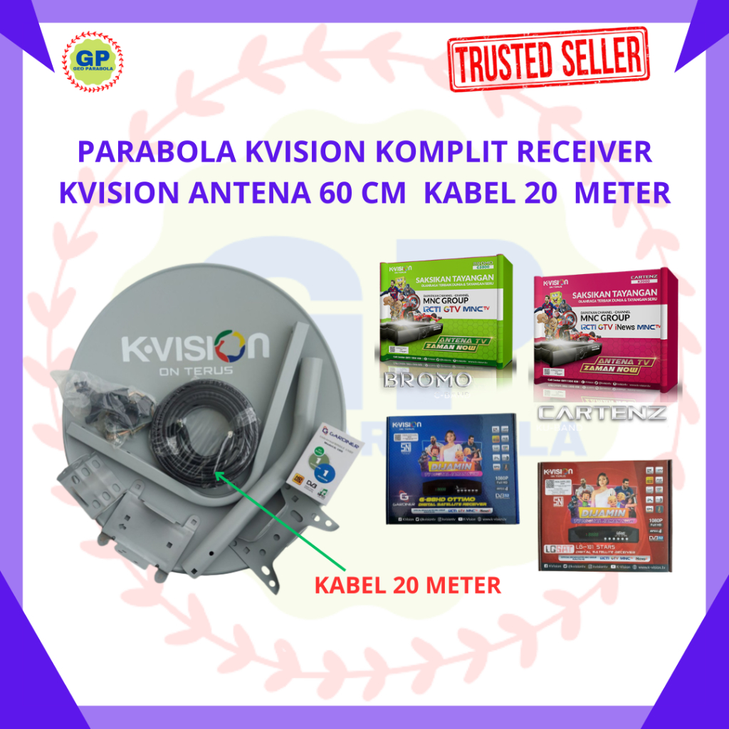 PARABOLA KUBAND KVISION KOMPLIT ANTENA 60 CM KABEL 20 METER  TERMASUK RECEIVER DAN LNB KUALITAS TERB