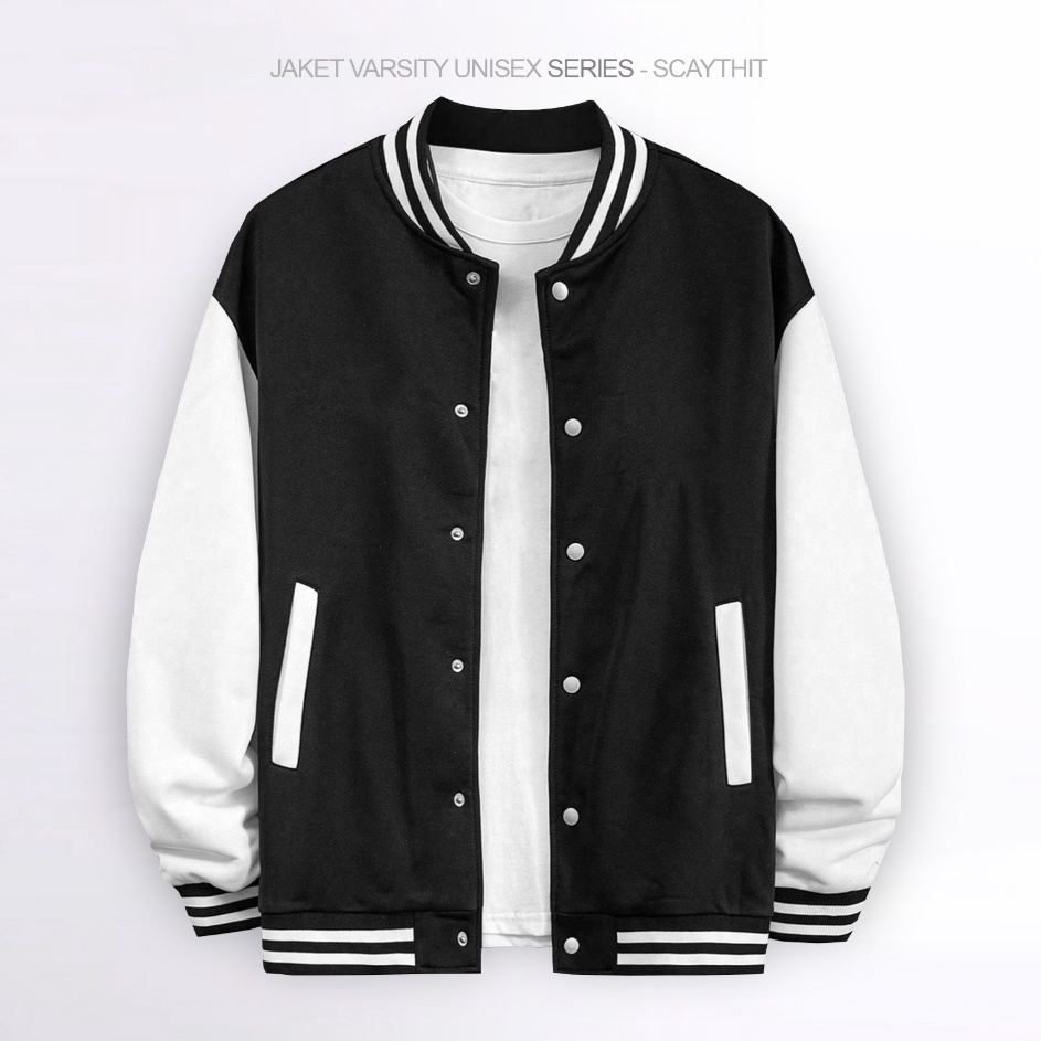 Scaythit  Jaket Varsity Polos Hitam Putih Unisex  Pria  Wanita  Remaja Dewasa