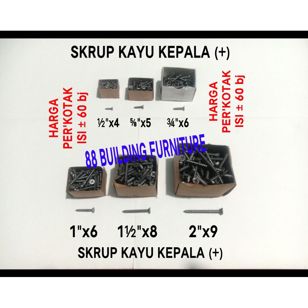 (HARGA PER 1 KOTAK DUS isi ± 60 pcs) SKRUP KAYU HITAM KEPALA PLUS (+) UKURAN 1/2" 5/8" 3/4" 1" 1,5" 