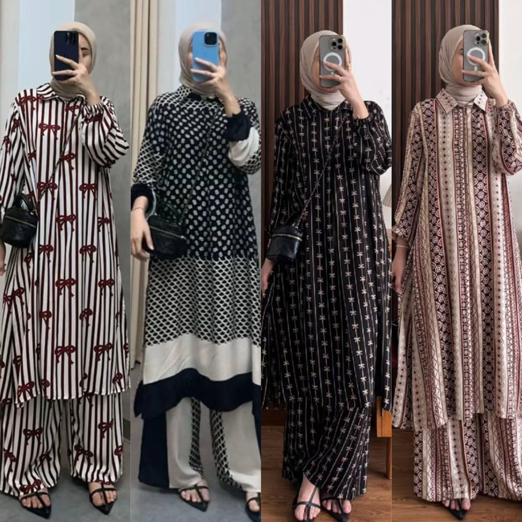 Raya Set Tunik Bahan Katun Rayon Diamond Ld 115 Cm / Baju Setelan Wanita Muslim Kekinian / Setelan T