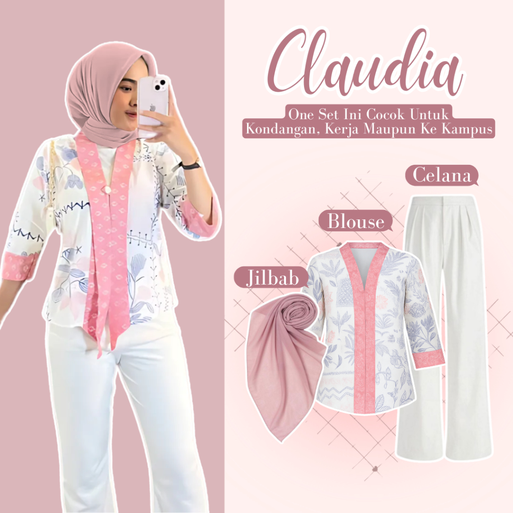 One Set Outfit Kondangan Cewek Remaja (Blouse Batik + Celana Kulot + Jilbab) OOTD Pink Lucu HO37M