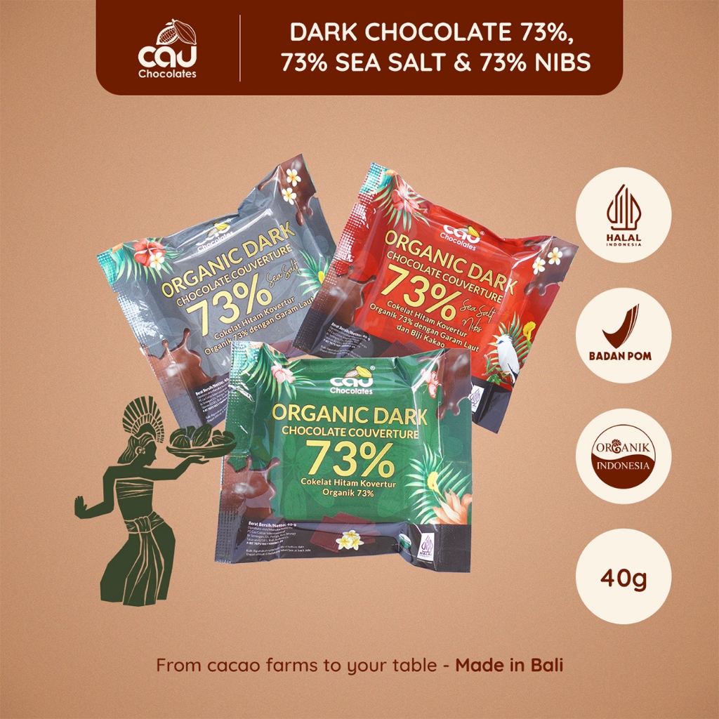 

Organic Dark Chocolate Couverture 73%, 73% Sea Salt, 73 % Sea Salt Nibs-40g