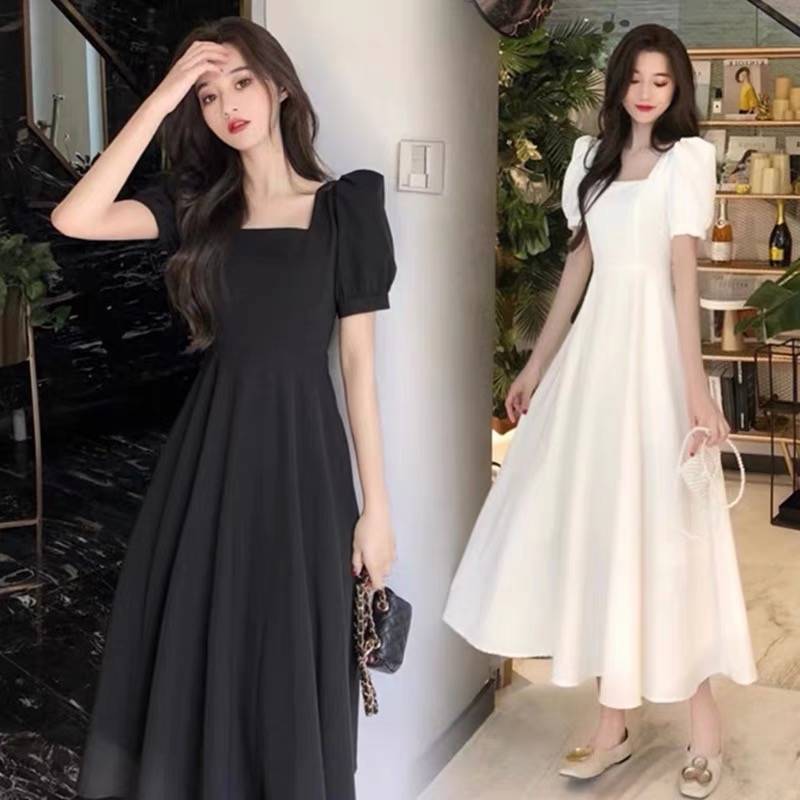 Meirong long dress hitam panjang korean style wanita black dress elegant casual kekinian import
