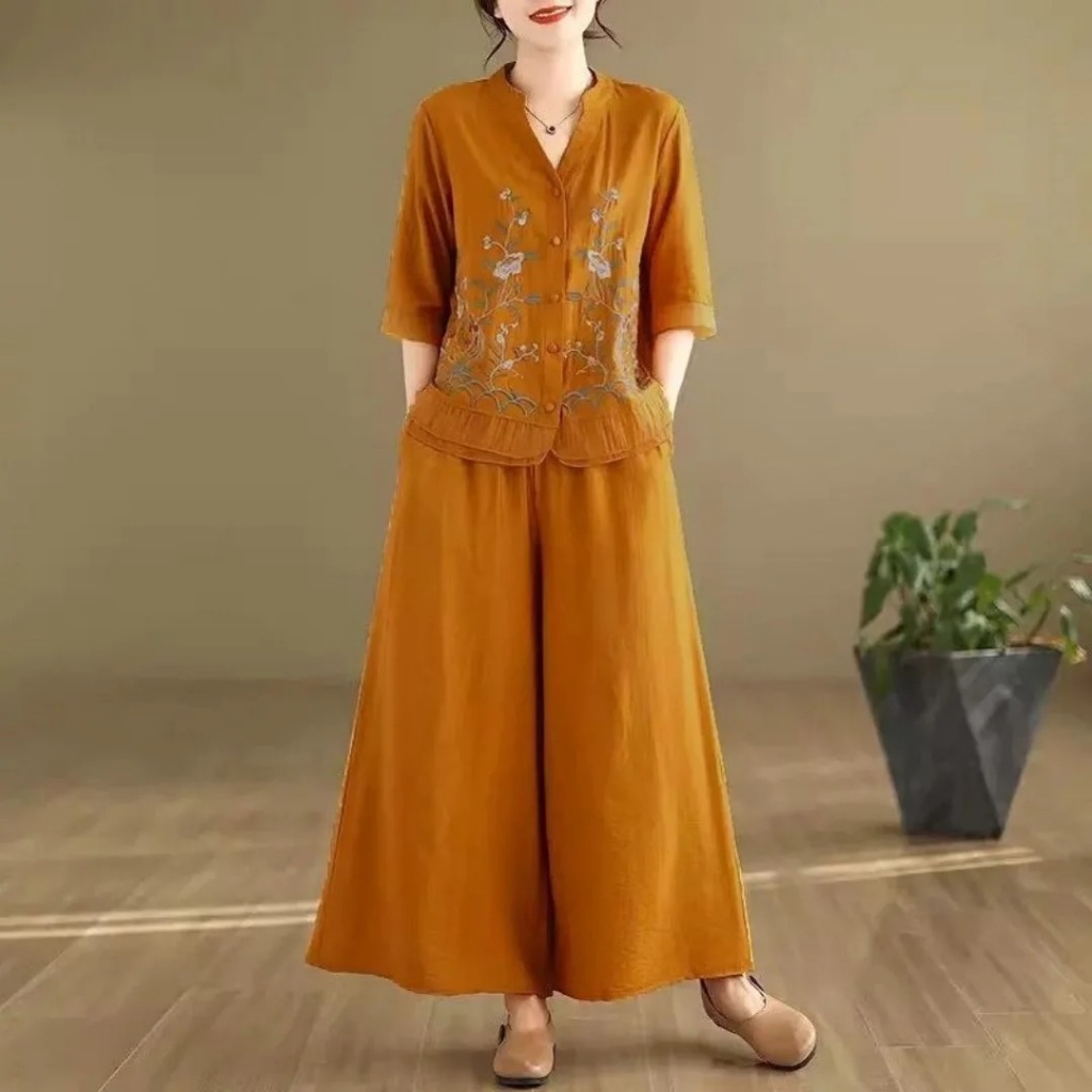 Setelan Celana Wanita Irene One Set WD Bahan Linen Rami Aplikasi Bordir LD 100-120 cm PJ Baju 57 cm 
