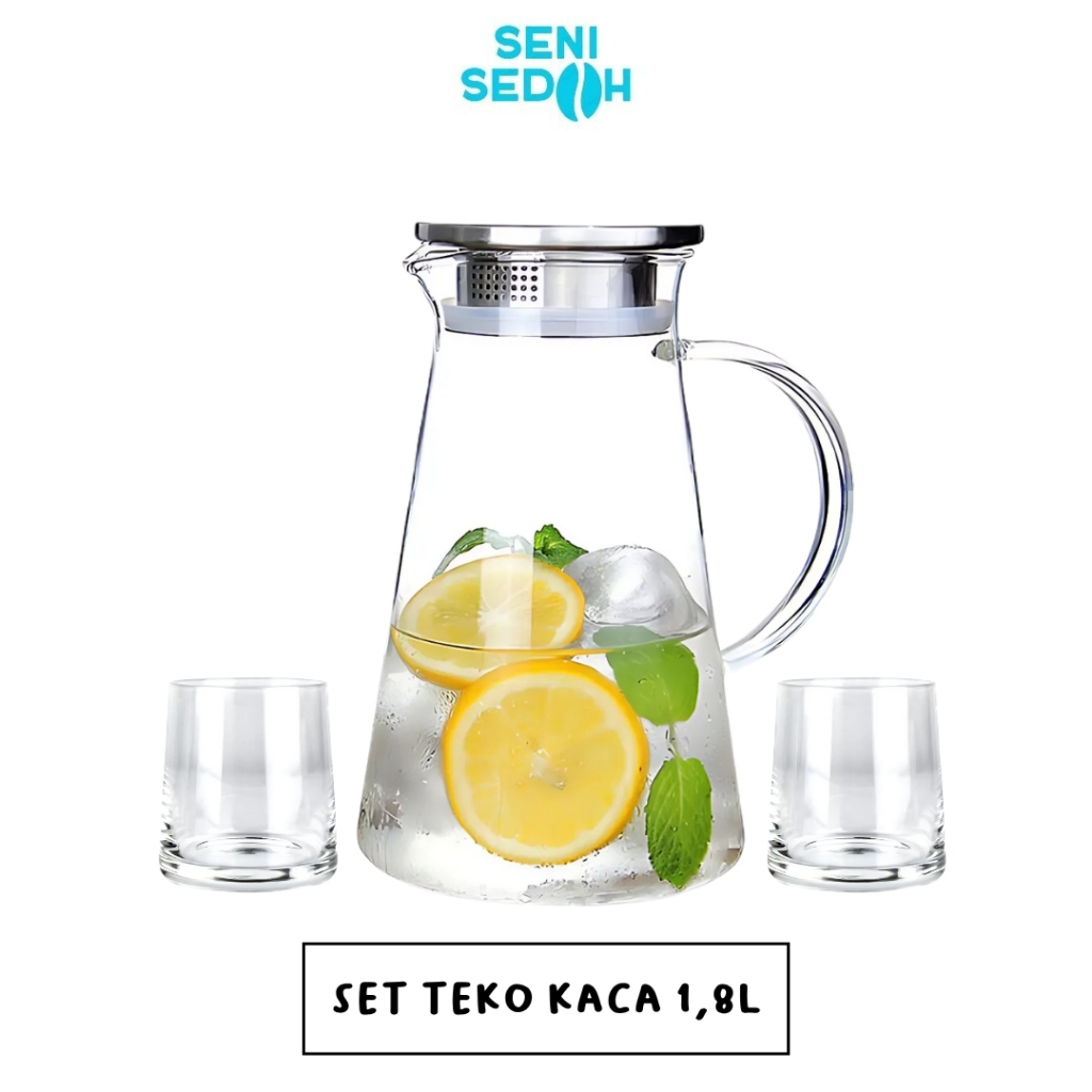 Teko Pitcher Kaca Tahan Panas 1.8L Set 2 Gelas Borosilicate Glass Water Jug Aesthetic Ceret Air Minu