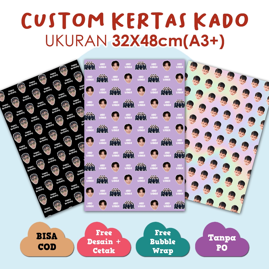 

Kertas Kado Custom Wajah Foto Tulisan Wrapping Paper Custom Murah
