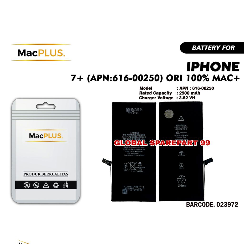 BATERAI (APN:616-00250) IPHONE 7+ / IP 7+ ORI 100% MAC+ BATERAI BATTERY BATRE