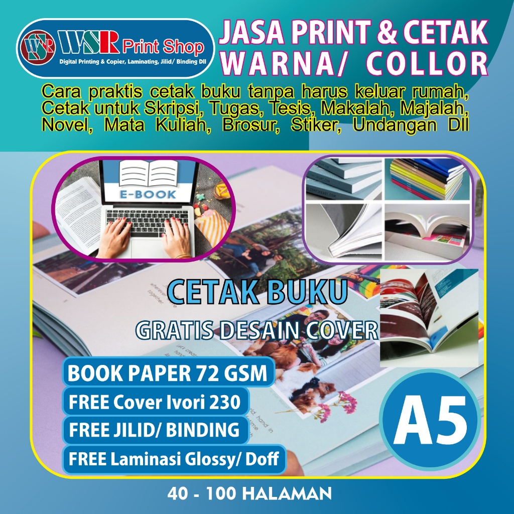 

JASA CETAK BUKU WARNA A5 Book Paper 72 Gsm 40 - 100 HALAMAN FREE Jilid Staples Tengah Full Collor Laminasi Glossy/Doff