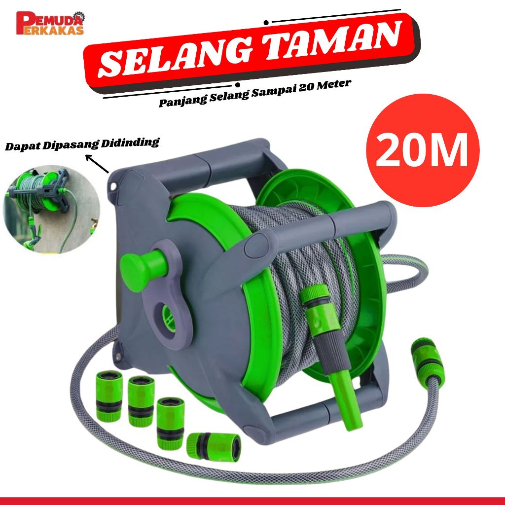 Hose Reel Set Gulungan Selang Dengan Selang Air Penyiram Tanaman Hose Reel 20 Meter Kran Air Siram T