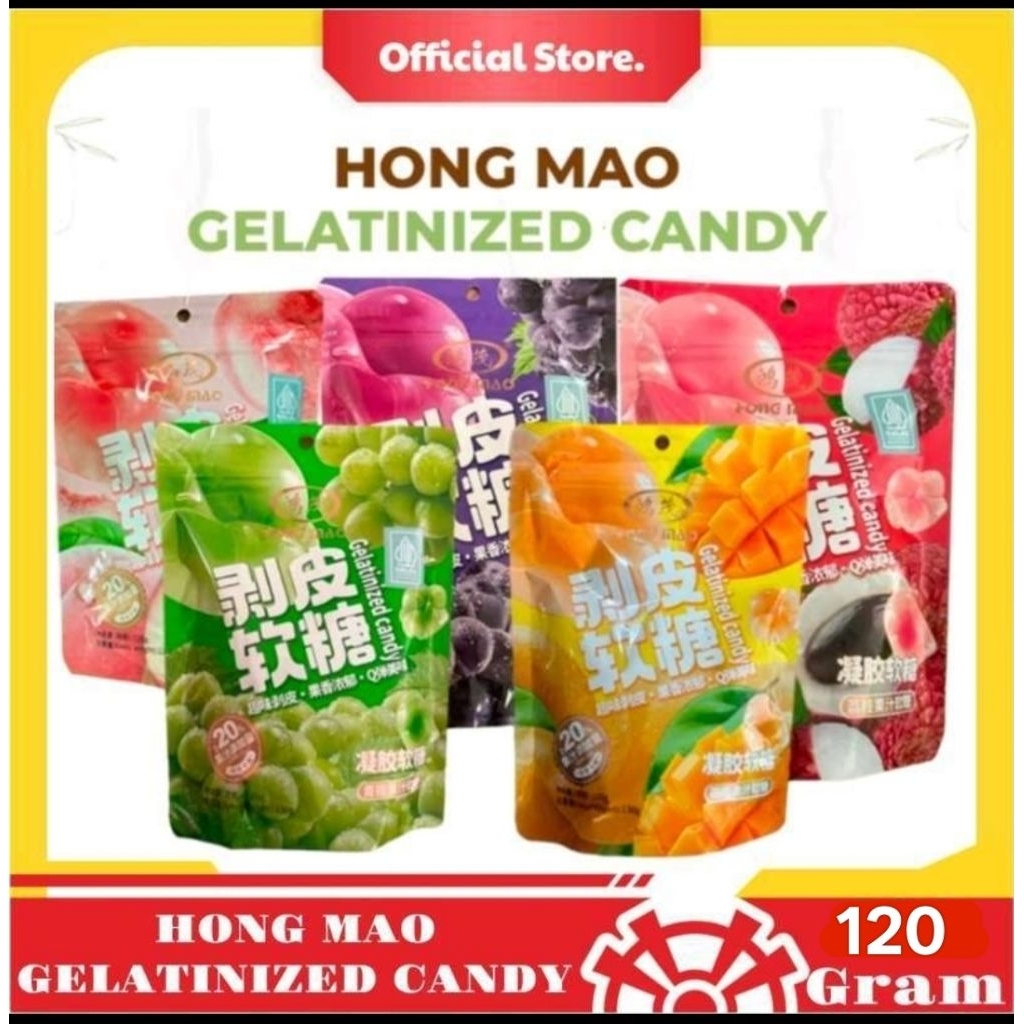 

HALAL Hongmao Gelatinized Jelly Candy 120gr /Permen Lunak Jelli Aneka Rasa Buah Anggur Peach Lychee Mangga