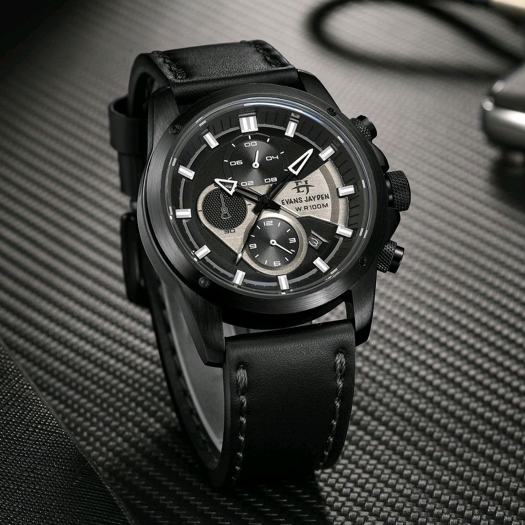 Jam Tangan Pria Evans Jayden 9589 Analog Cronograph Leather Strap Original Garansi 1 Tahun