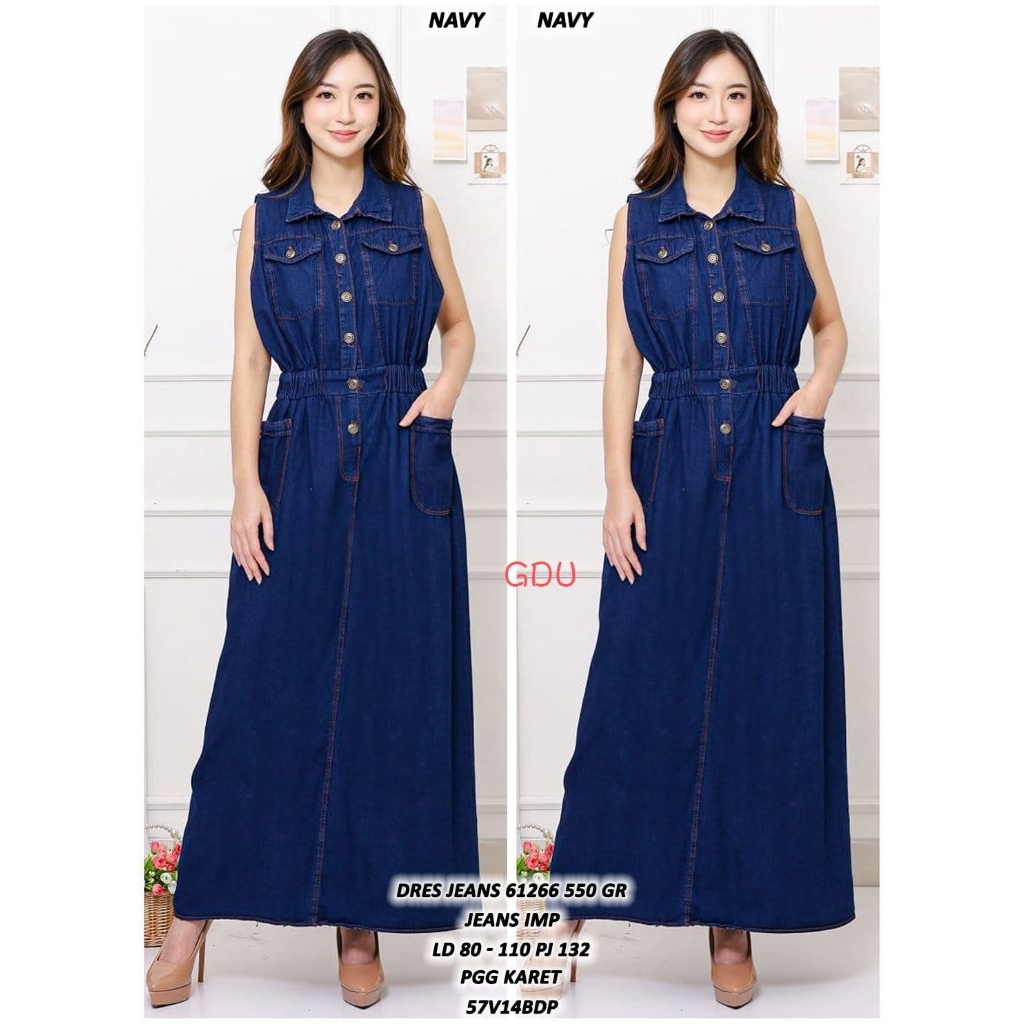 GDU Dress wanita jeans denim LD110 full kancing maxi dress tanpa lengan