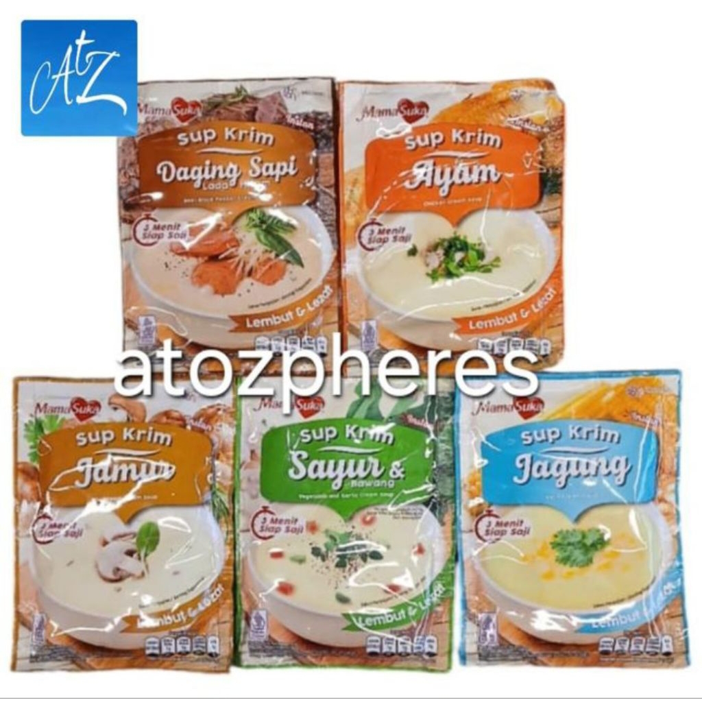

Bubuk masak sup sop krim rasa daging sapi lada hitam ayam jamur jagung sayur & bawang halal MUI Mama Suka MamaSuka Mushroom Vegetable & Garlic Corn Beef Black Pepper Chicken Cream Soup 55g