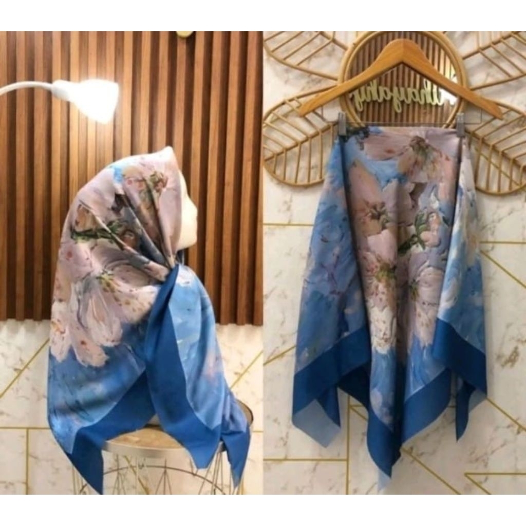 KERUDUNG SEGI EMPAT VOAL MOTIF BUNGA CREAM BIRU