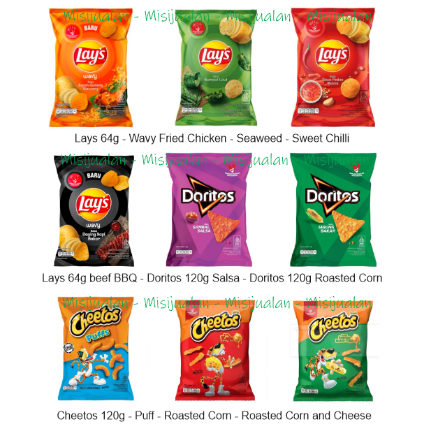 

Lays Wavy Cheetos Doritos 120g ID | Jagung Bakar Keju Sweet Chilli Seaweed BBQ Chicken Salsa |