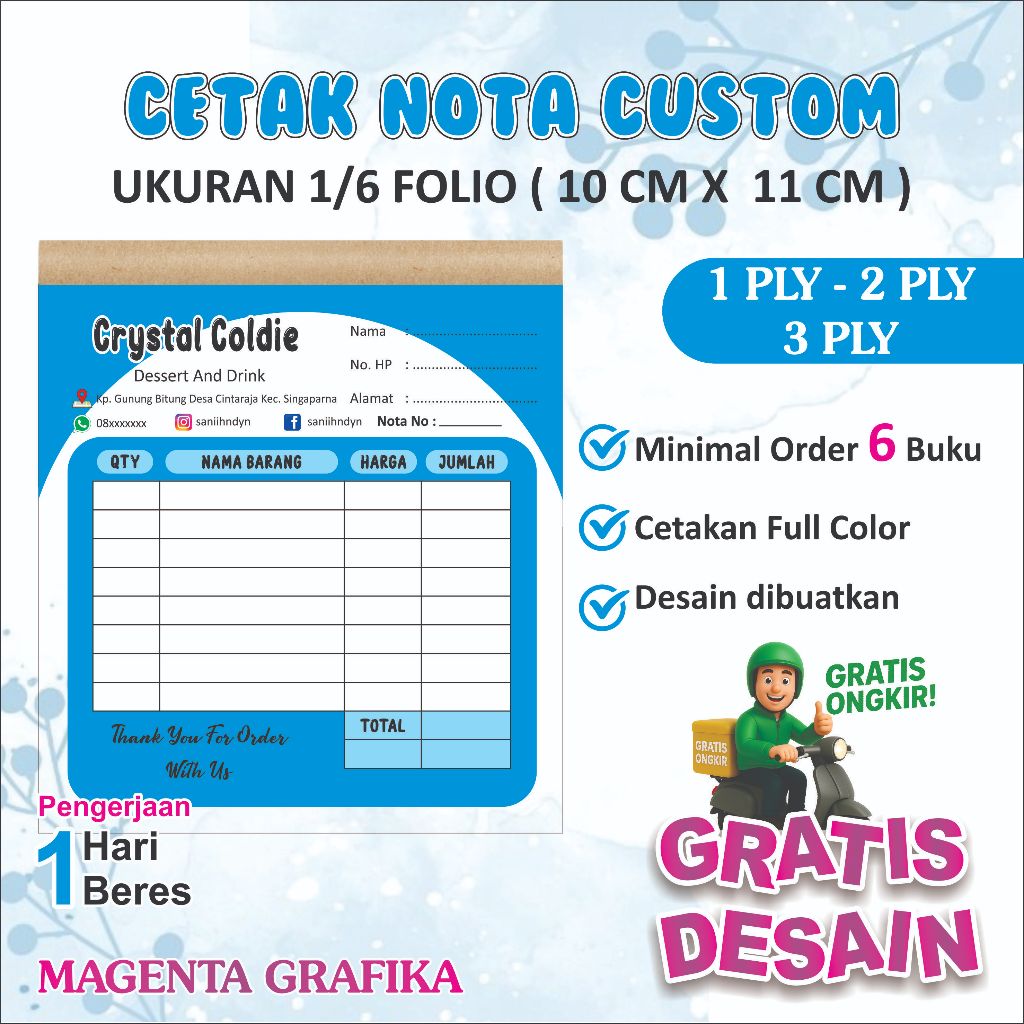 

Cetak Nota Custom Ukuran 1/6 Folio (10 cm x 11 cm) Gratis Desain Bisa Pakai Nama Toko Logo Sendiri