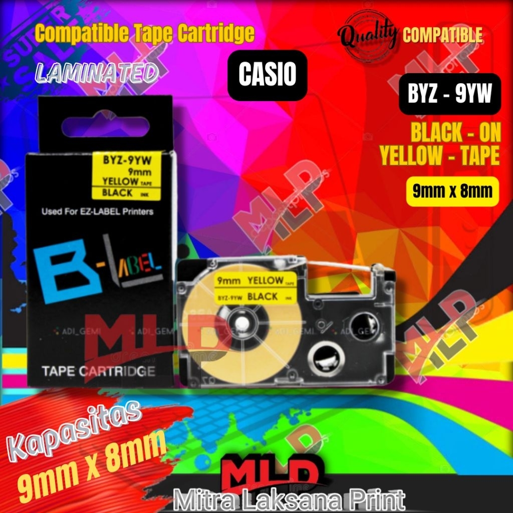 

Label Tape Casio 9mm Black On Yellow Compatible Catridge BYZ-9YW 9MM x 8M