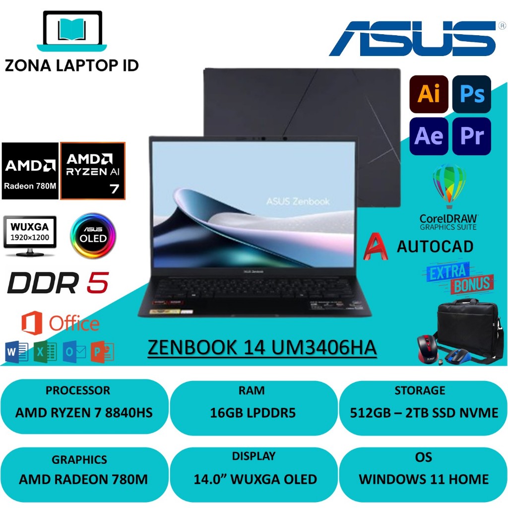 Asus Zenbook OLED 14 UM3406HA Ryzen 7 8840HS 16GB DDR5 2TB SSD Wuxga Touchscreen Win11
