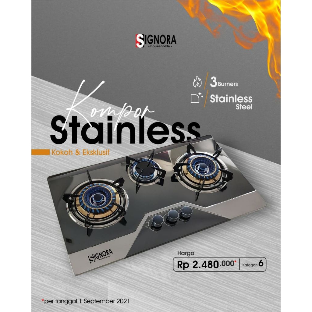 New Kompor Stainless Signora + Bonus | Kompor gas 3 burner api biru | Grill Stove