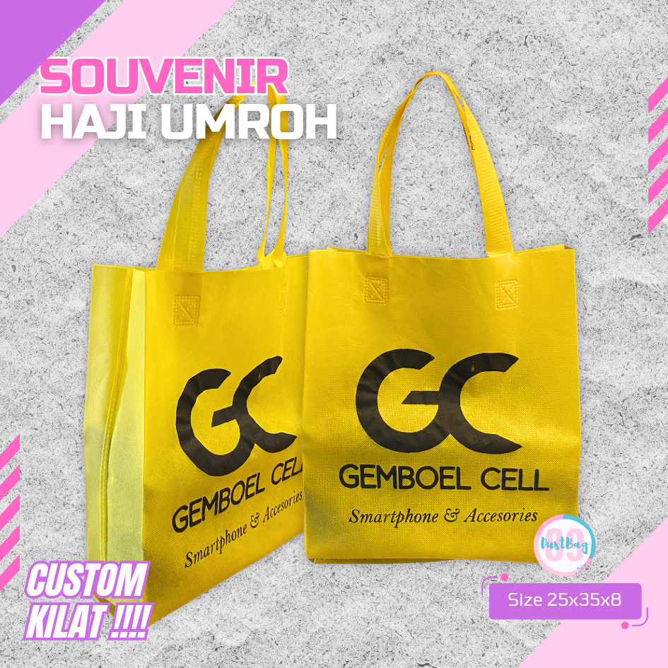 

CUSTOM SABLON!!!TAS GOODIEBAG HAJATAN LOGO BRAND BAHAN SPUNDBOND TALI PRESS 25X35X8