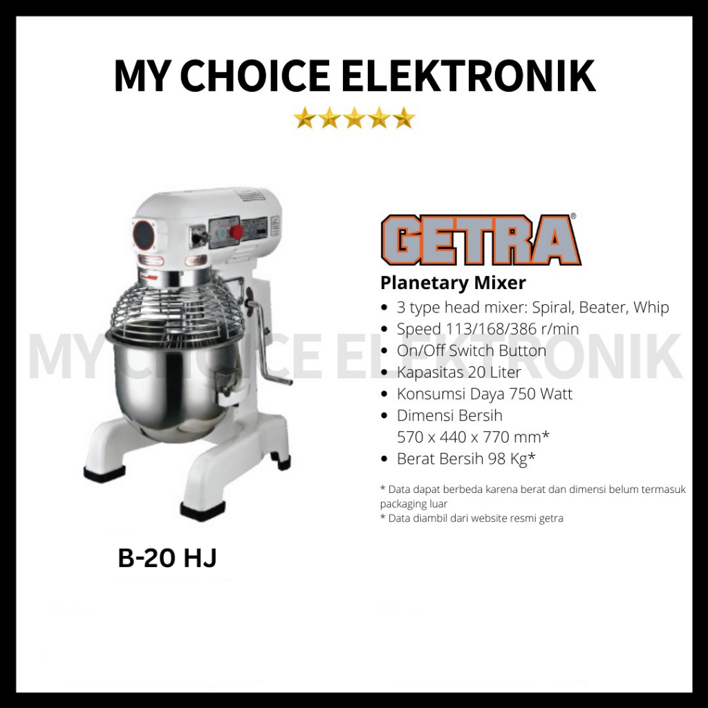 Getra Mixer Pencampur Adonan Roti B-20HJ (Kapasitas 6 kg Adonan)