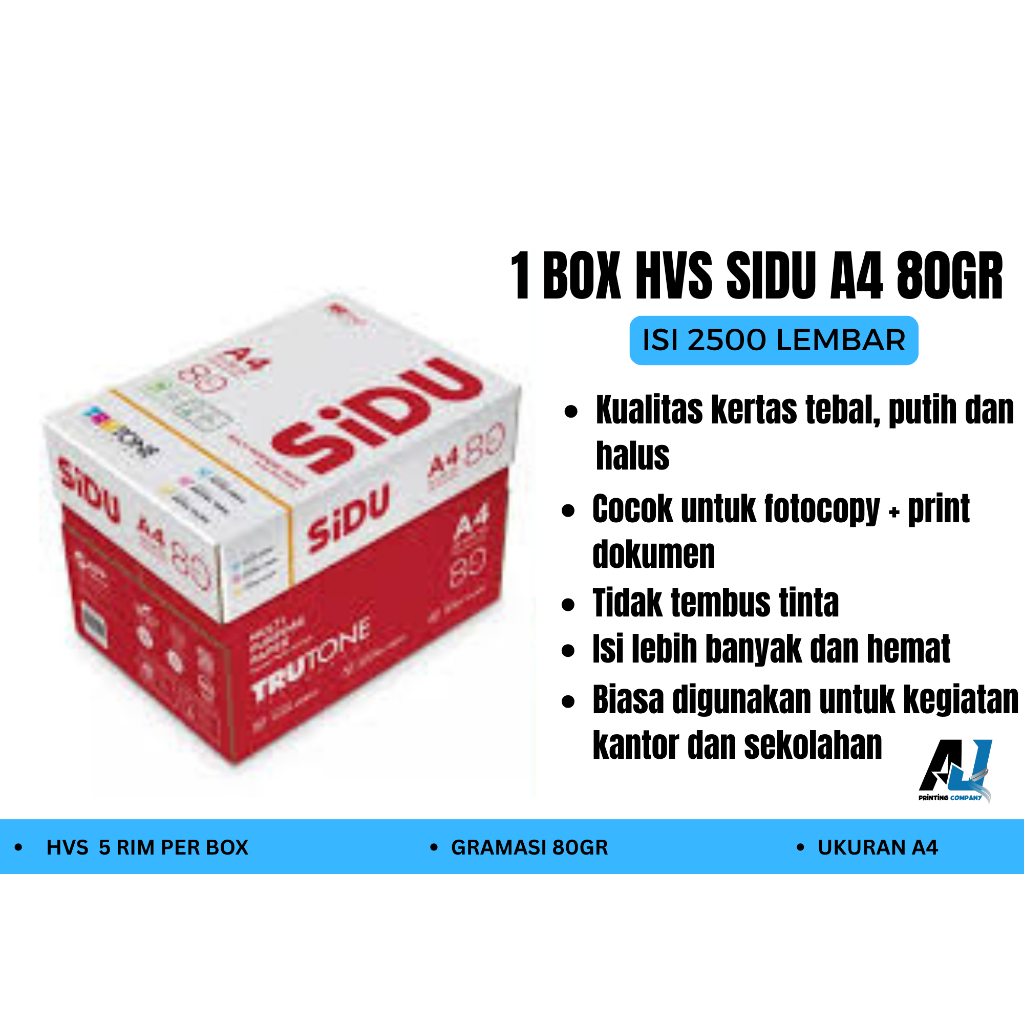 

Kertas HVS SINAR DUNIA (SIDU) A4 80 GSM 1 BOX 5 RIM / 1 DUS HVS A4 80 GRAM