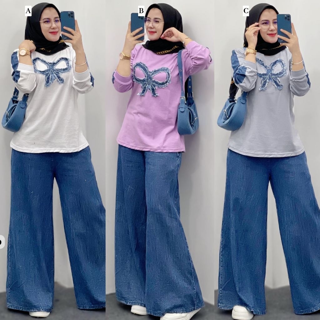 Set Kulot Jeans Pita Bordir Series Setelan Putih Combed