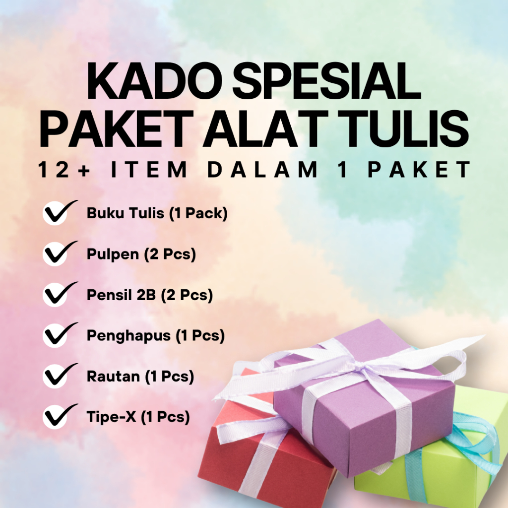 

Kado Spesial Alat Tulis 12 Item Dalam Satu Paket-Buku Tulis-Pulpen-Pensil-Penghapus-Rautan-Tipe-X