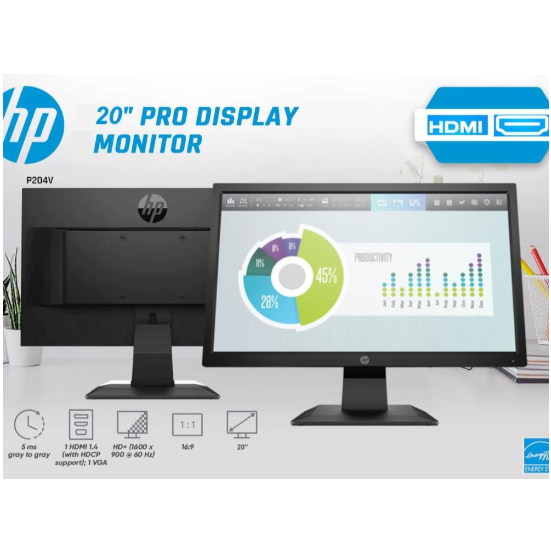 HP Pro Display Monitor P204v 20" LED HD+ Widescreen HDMI VGA Port ready