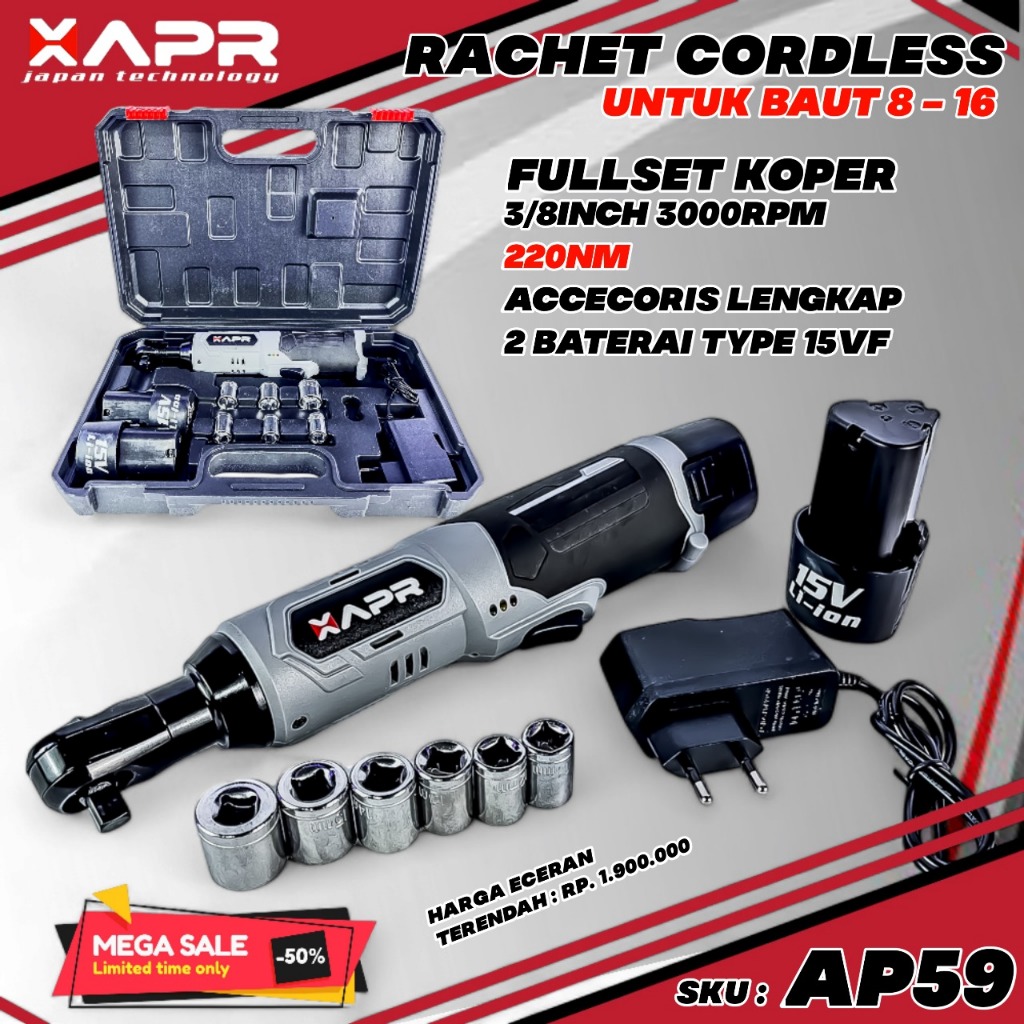 APR RACHET CORDLESS 3/8INCH 220NM UNTUK BAUT 8 - 16 SANGAT NYAMAN DITEMPAT SEMPIT