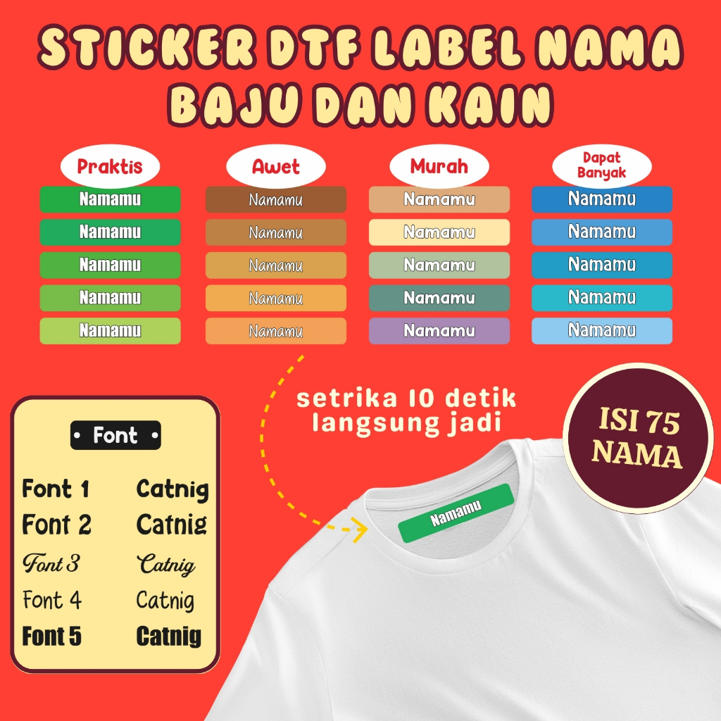 

SEHARI JADI Sticker Label Nama Kain Baju 75 Pcs Kaos Sablon Cukup Setrika Custom Tulisan DTF