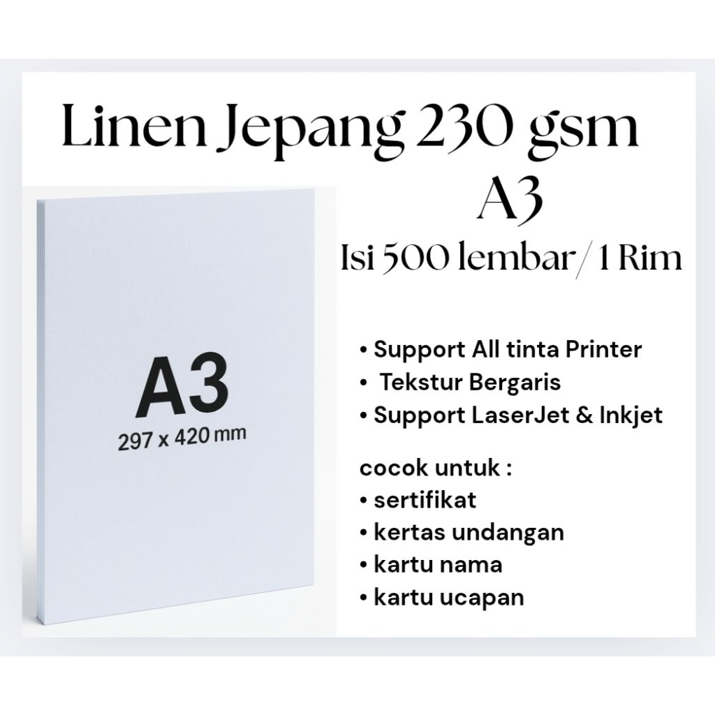 

Kertas Linen Jepang Premium Isi 1 Rim A3 230 gsm – Kertas Tebal Untuk Sertifikat, Undangan | Tekstur Elegan.