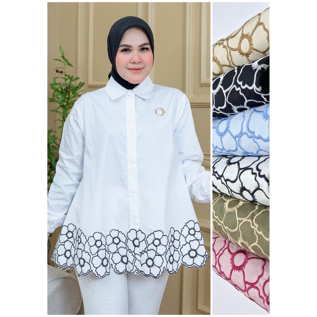 Kemeja Atasan Wanita Bordir Bunga | Kemeja Wanita Katun jepang Premium