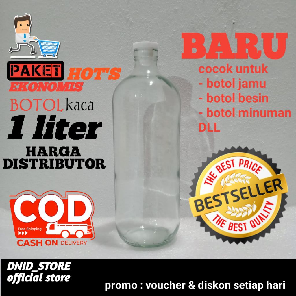 Paket 8pcs botol kaca ukuran 1liter+tutup /Botol bensin/botol jamu/botol serbaguna