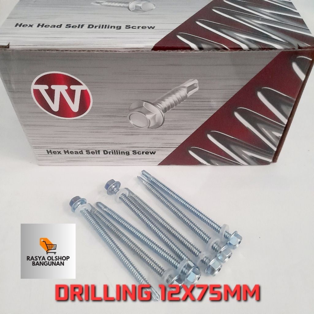 baut drilling untuk atap spandek galvalum ukuran 12x75mm merk W harga per 1kotak