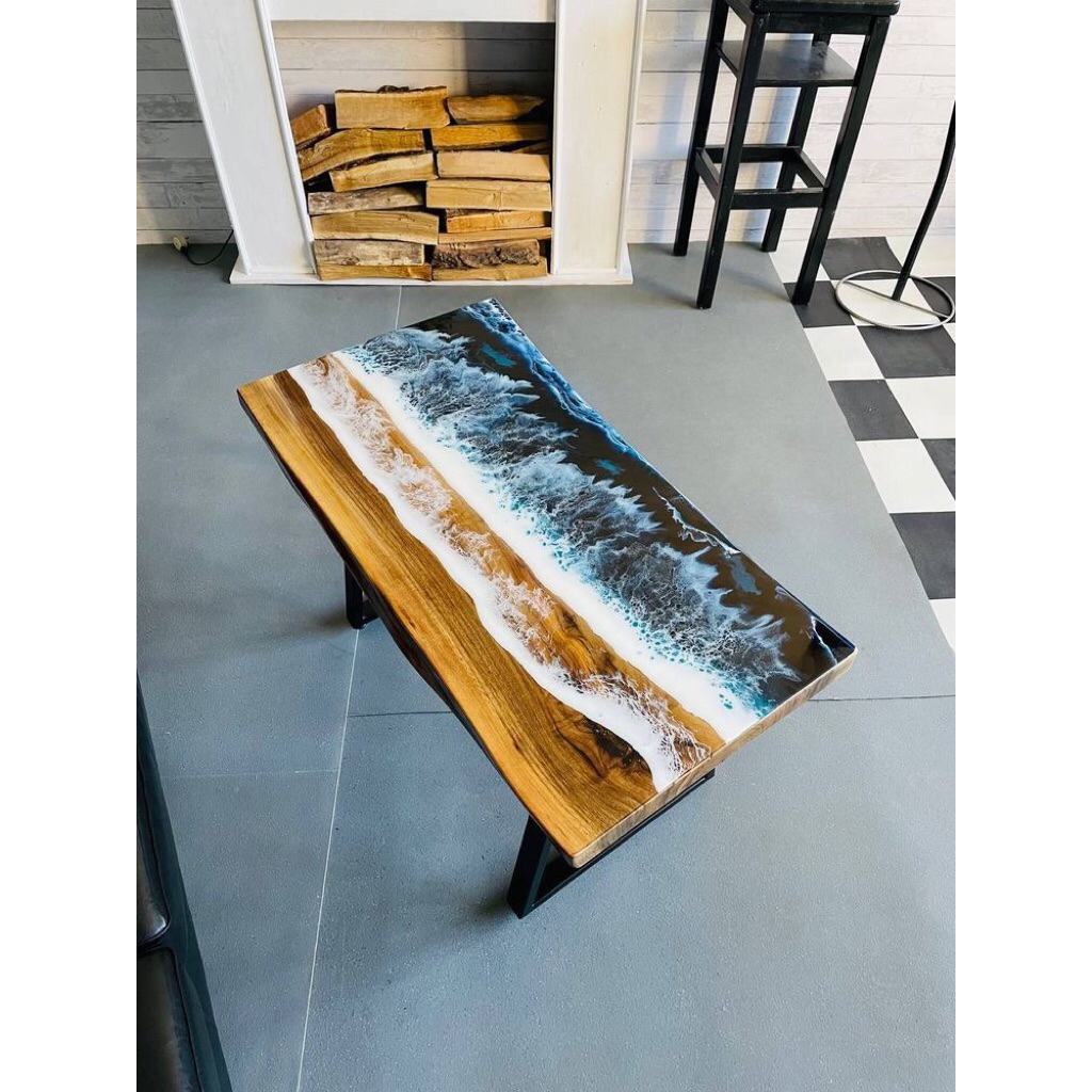 meja tamu resin motif ombak,meja resin motif laut