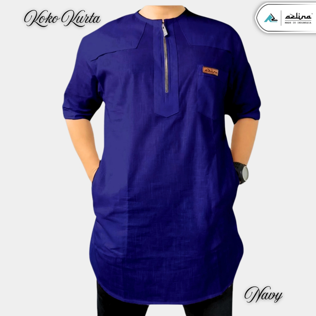 Azlina Koko Kurta Navy Pria Zipper Kurta Modern – Lengan Pendek Katun Premium | Muslim Fashion 2025