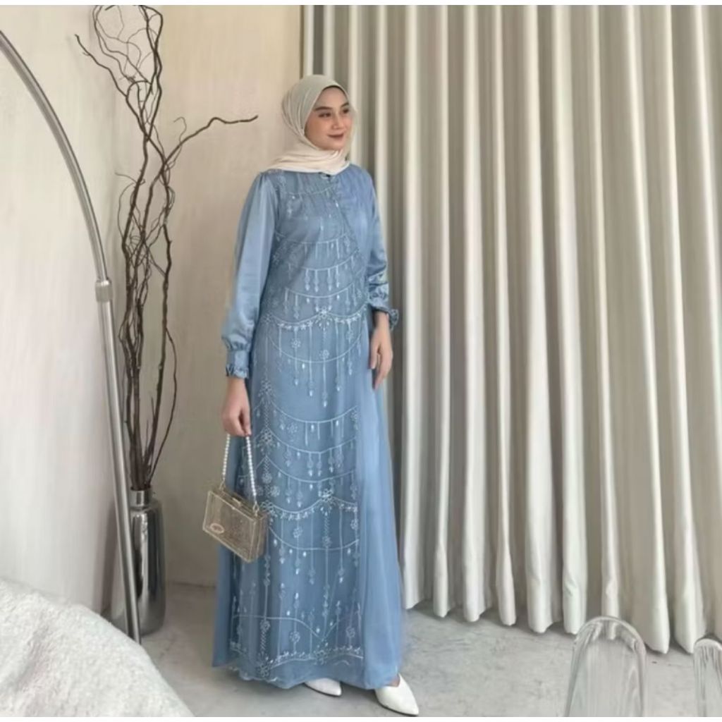 Dress Brokat Kondangan Kekinian Shabira Gamis Pesta Bahan Silk Premium Kombinasi Tille Mewah Elegan