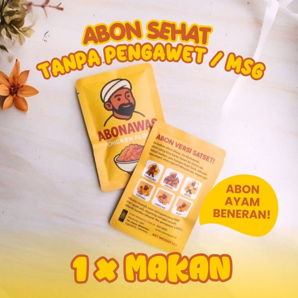 

Abon Ayam Sachet Praktis 13gr - Abonawas | Lauk Instan Praktis Abon Sehat no Pengawet & MSG