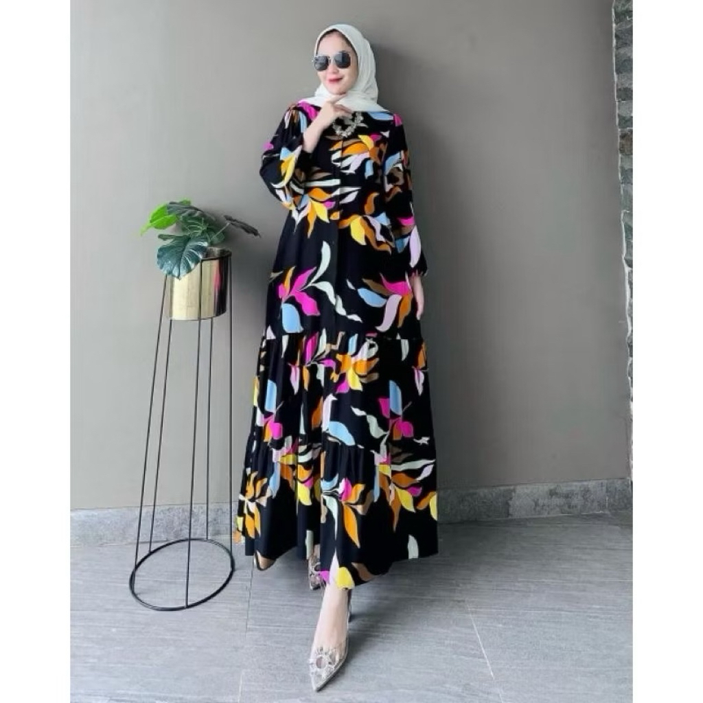 Dress motif Bunga rayon twill Silang Belakang