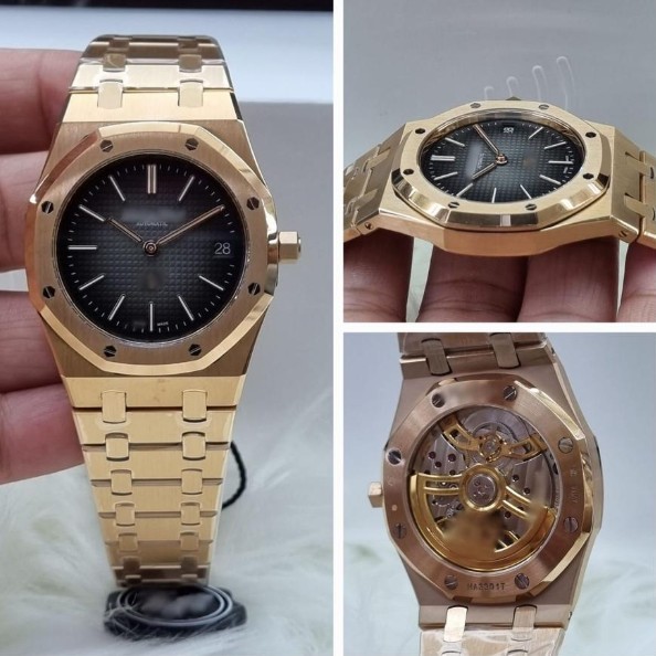 JAM TANGAN AUPIGE ROYAL OAK JUMBO INSPIRED GREY WAFFLE DIAL 39MM 162 02 ROSE GOLD CHAIN EXTRA THIN Z