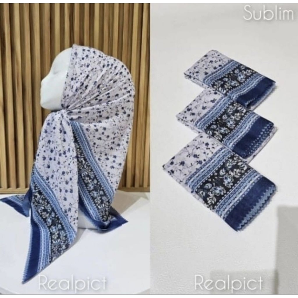 KERUDUNG SEGI EMPAT HIJAB MOTIF BUNGA LUSI PUTIH BIRU