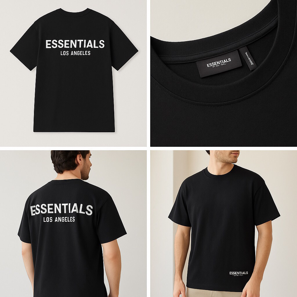 Kaos Fear Of God Essentials Reflective Text Logo Los Angeles FOG Hitam - Convert Green - Abu Oversiz