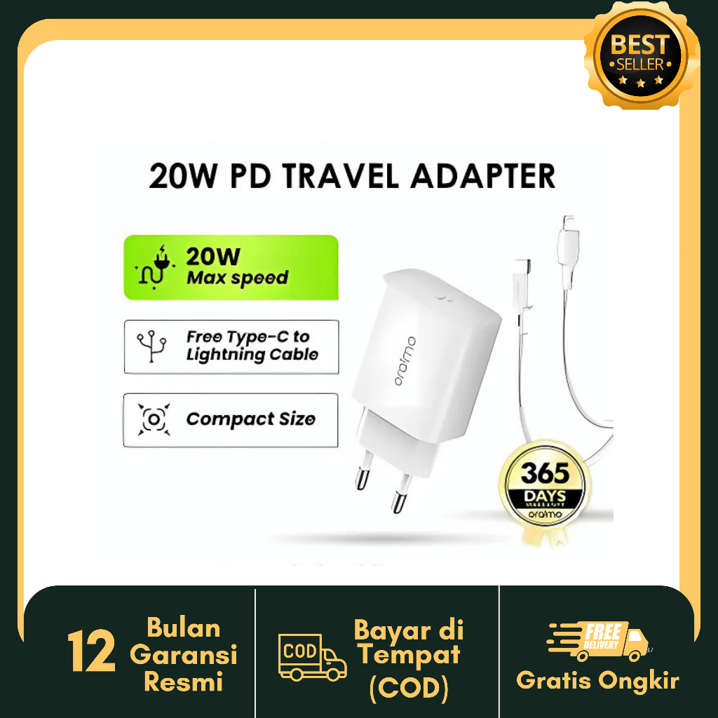 Oraimo Charger Firefly 3 OCW-E106S +CL55 Charger USB C to Iphone-White Original Oraimo