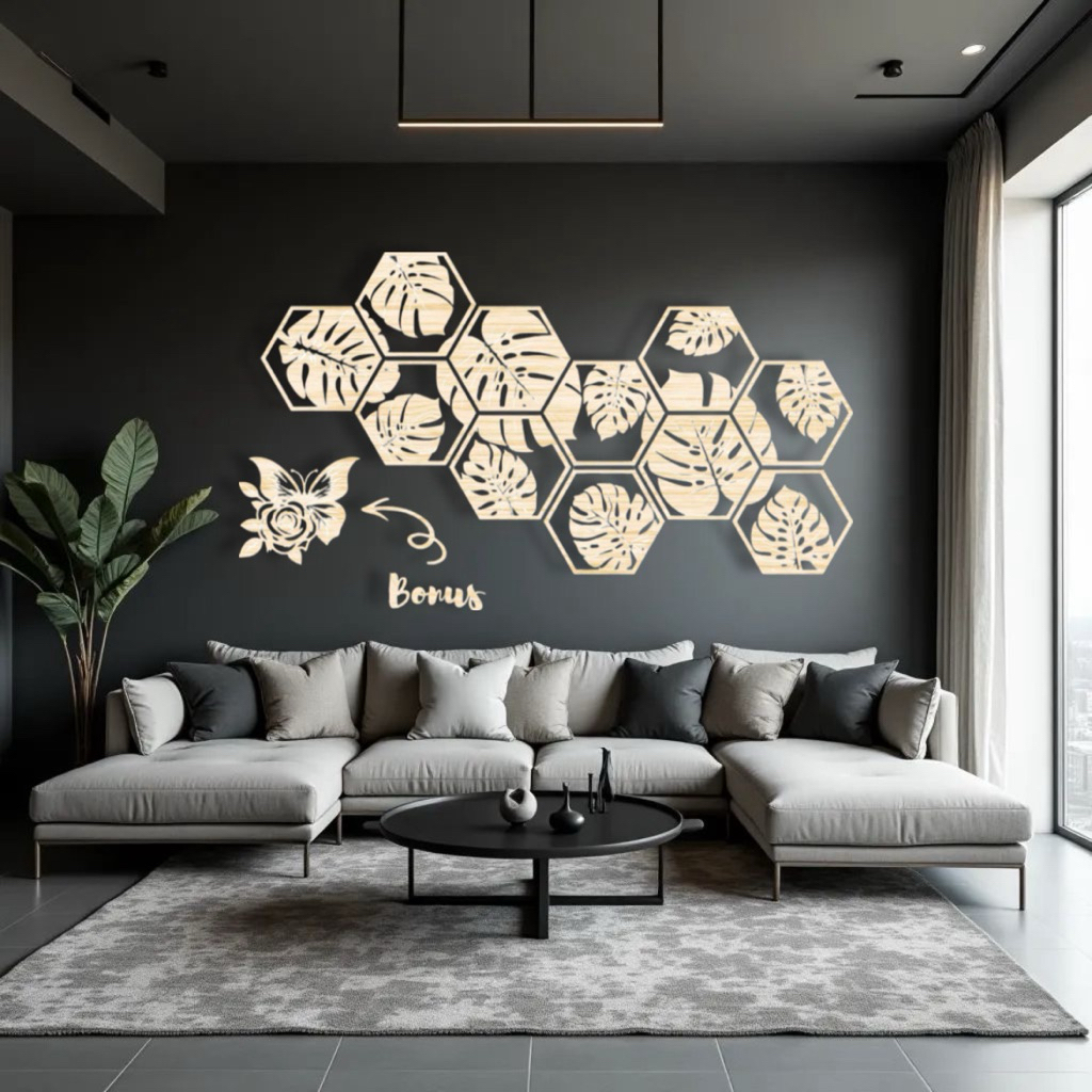 HIASAN DINDING KAYU HEXAGONAL MONSTERA